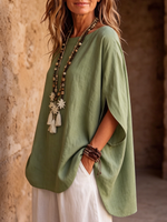 Relaxed Flattering Cotton-linen Batwing-sleeve Top