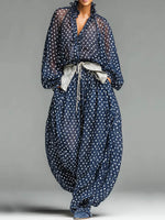 Women's Polka Dot Print V-neck Long-sleeve Loose Chiffon Top & High-waisted Wide-leg Pants Set