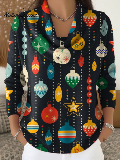 Women's Christmas Pattern Art Print Casual Cowl Neck Sweater