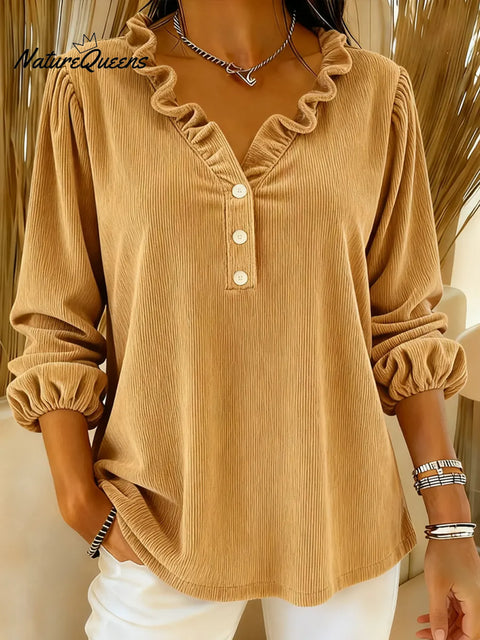 Women's Corduroy Ruffle Collar Cotton Shirt