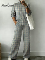 Simple Checkered Decorative Pattern Casual Stand Collar Long Sleeve Top And Elastic Waistband Pants