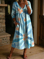 Women's Flower Print Casual Loose-fit Cotton-linen Dress With Lace Trim And Paneling