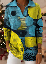 Geometry Color Block Art Pattern Polo Collar Shiny Loose Sweater Top