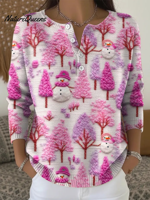 Pink Christmas Snowman Print Buttoned Cardigan Sweater