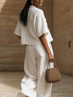 Casual Pleated Shirt & Wide-leg Pants Cotton Linen Two-piece Set
