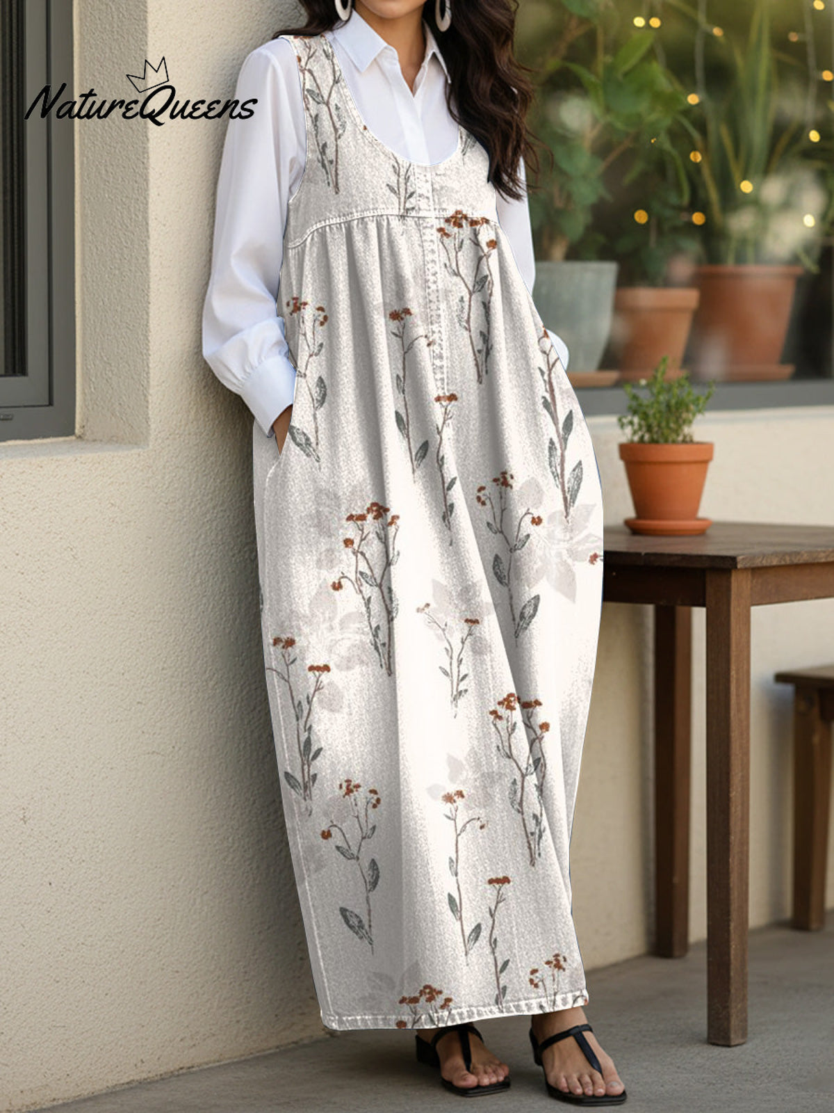 Women's Vintage Artistic Flowers Casual Loose Denim Vest Dress