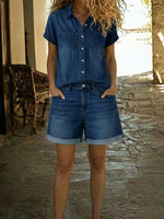 Casual Short-sleeved Denim Shirt And Denim Shorts Two-piece Set