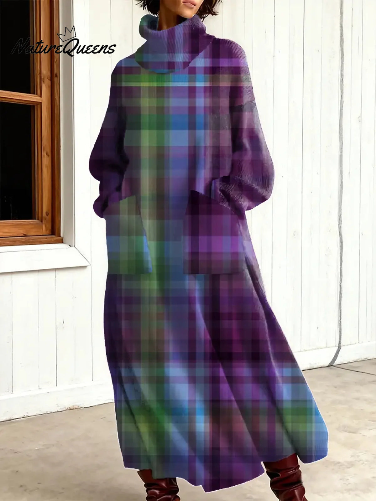 Women's Vintage Plaid Art Print Casual Cotton Knitted Dress