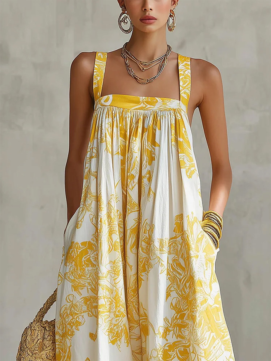 Retro Artistic Print Loose Wide-leg Jumpsuit