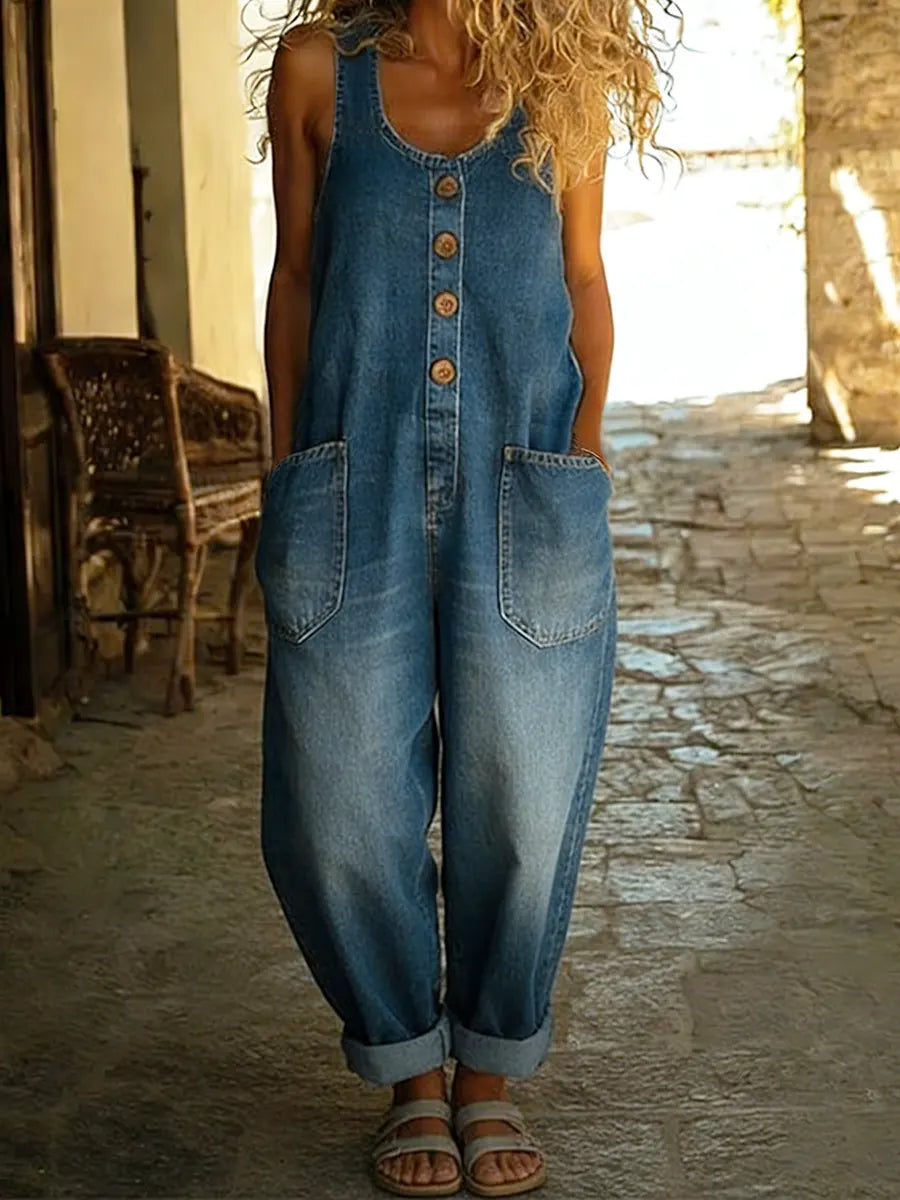 Women's Casual Cotton Vest And Denim Jumpsuit