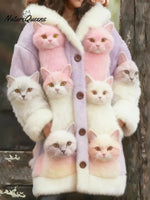 Women's Funny Cats Pattern Art Print Casual Fleece Coat