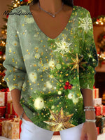 Women's Christmas Trees Snowflake Pattern Art Print V-neck Solid Color Loose Shiny Sweater