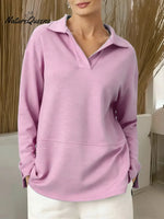 Women's Solid Color V-neck Long-sleeved Casual Loose Sweatshirt