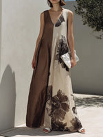 Women's Vintage-print Patchwork V-neck Sleeveless Loose-fit Cotton-linen Casual Dress