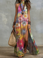 Bohemian Colorful Tie-dye Star Print Halter Maxi Dress — Vacation-style Cotton-linen Slit Dress