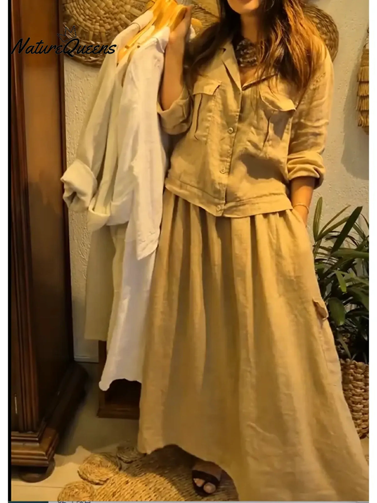 Women's Casual Linen And Cotton Top And Skirt Two-piece Set