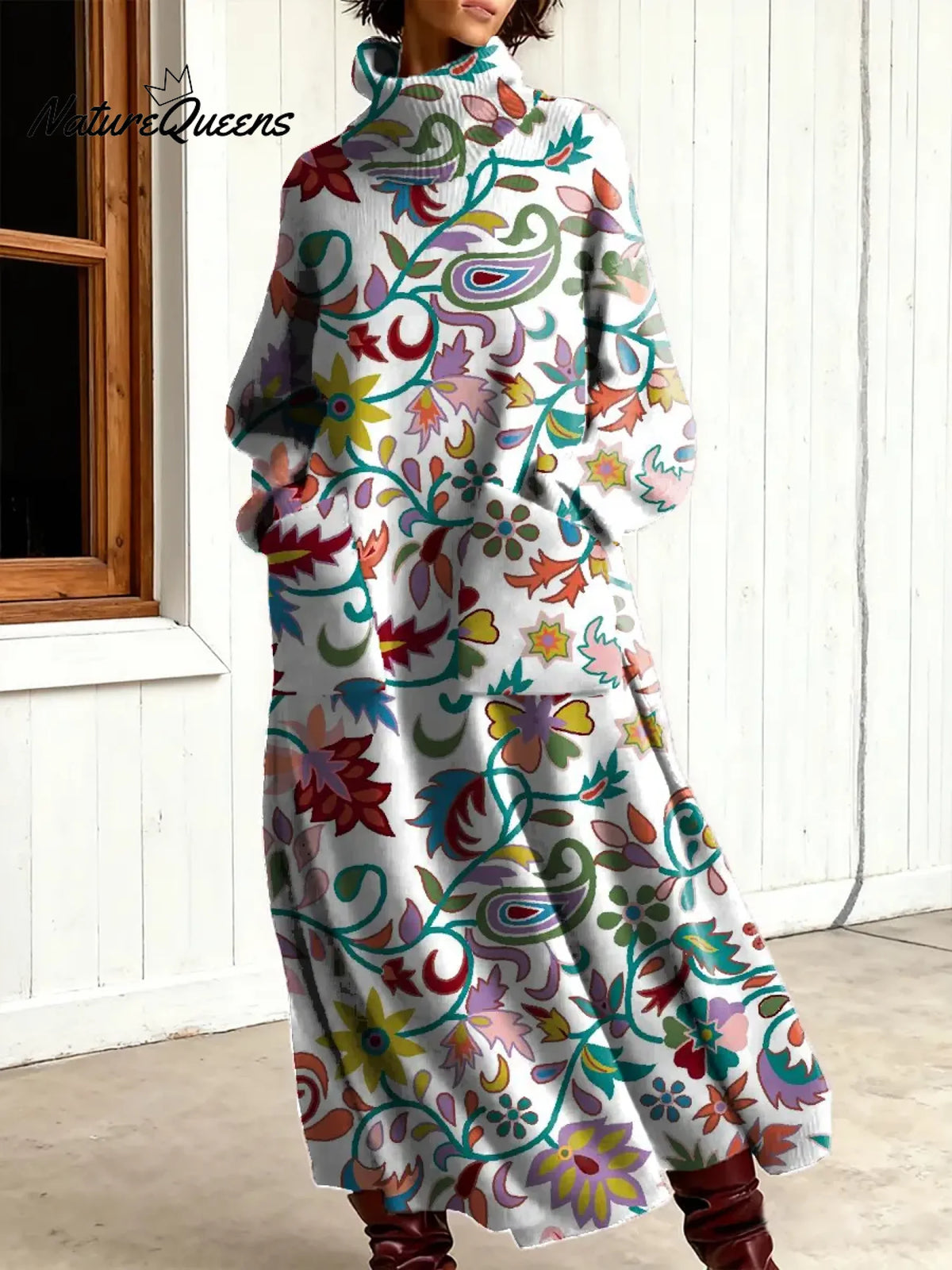 Women's Vintage Cashew Flower Art Print Casual Cotton Knitted Dress