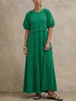 Vestido midi maxi de manga corta con corte relajado y mangas raglán, vestido casual de verano con vuelo y corte en A de color liso.