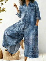 Women's Vintage Pattern Art Print Casual Cotton Denim Jumpsuit