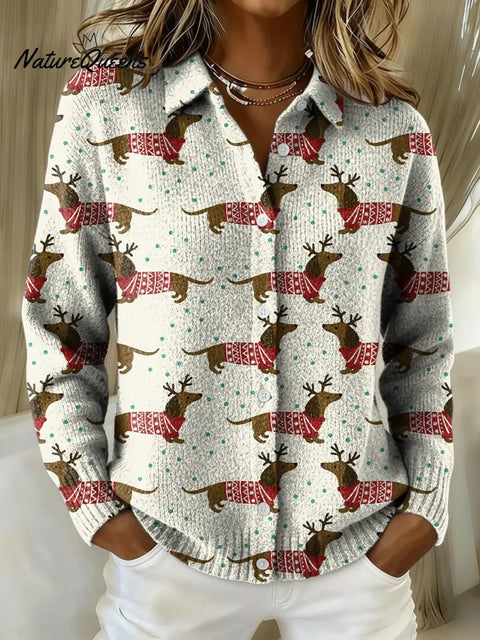 Women's Christmas Dachshund Printed Collared Sweater