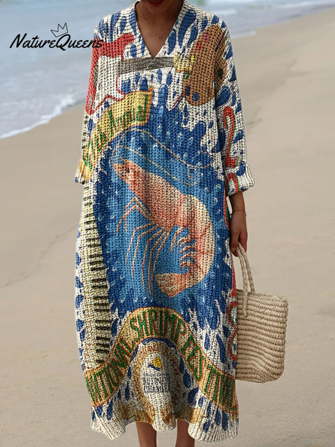 Music And Lobster Decorative Pattern Women's Casual V-collar Long Sleeve Dress