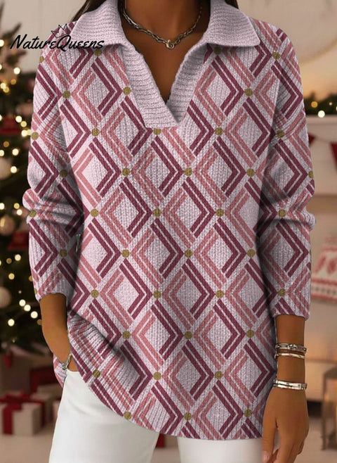 Linear Geometric Decorative Patterns Women's Casual Shirt Collar Long Sleeve Sweater