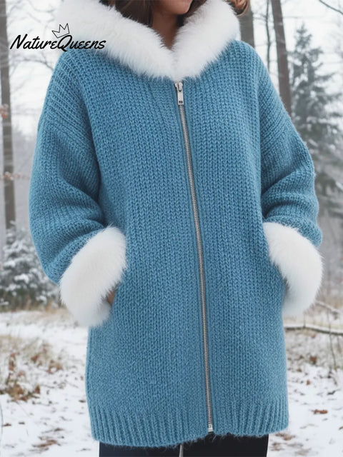 Cozy Frayed Edge Patchwork Zip-up Hooded Jacket