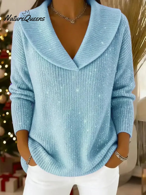 Women's Solid Color V-neck Casual Loose Sequined Knit Top