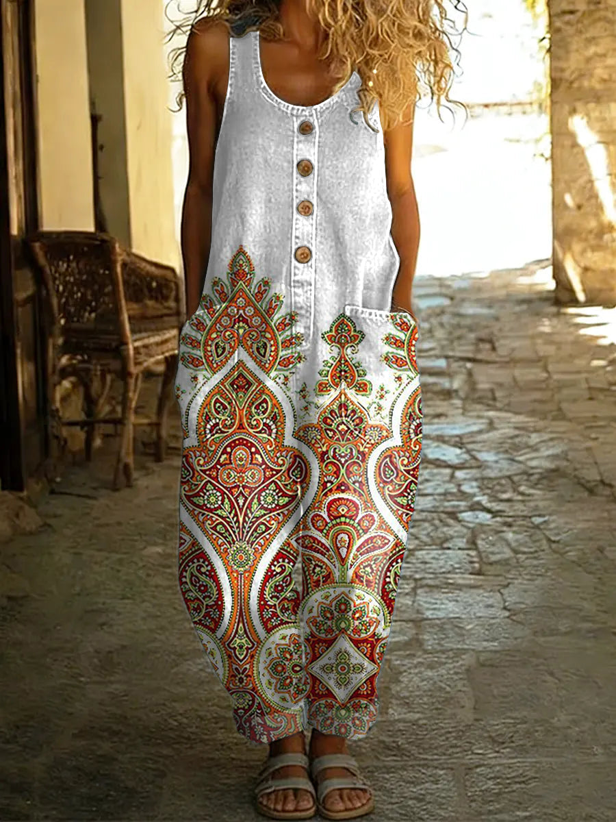 Women's Retro Hippie Flowers Art Print Casual Jumpsuit