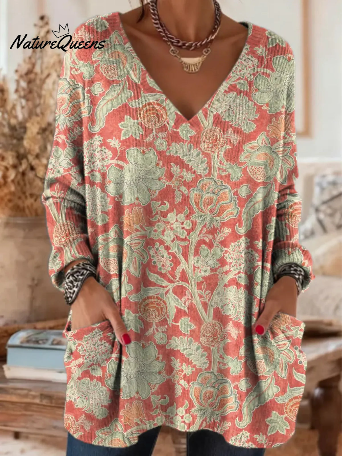 Women's Floral Pattern Art Print Casual Cotton Knitted Sweater