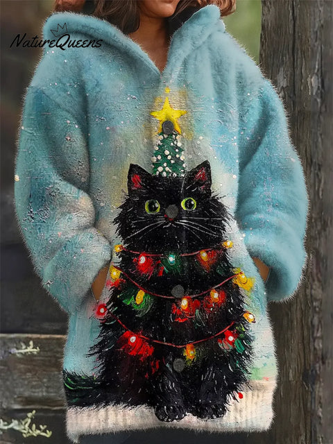 Women's Christmas Cat Pattern Art Print Casual Fleece Coat