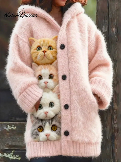 Women's Funny Cats Pattern Art Print Casual Fleece Coat
