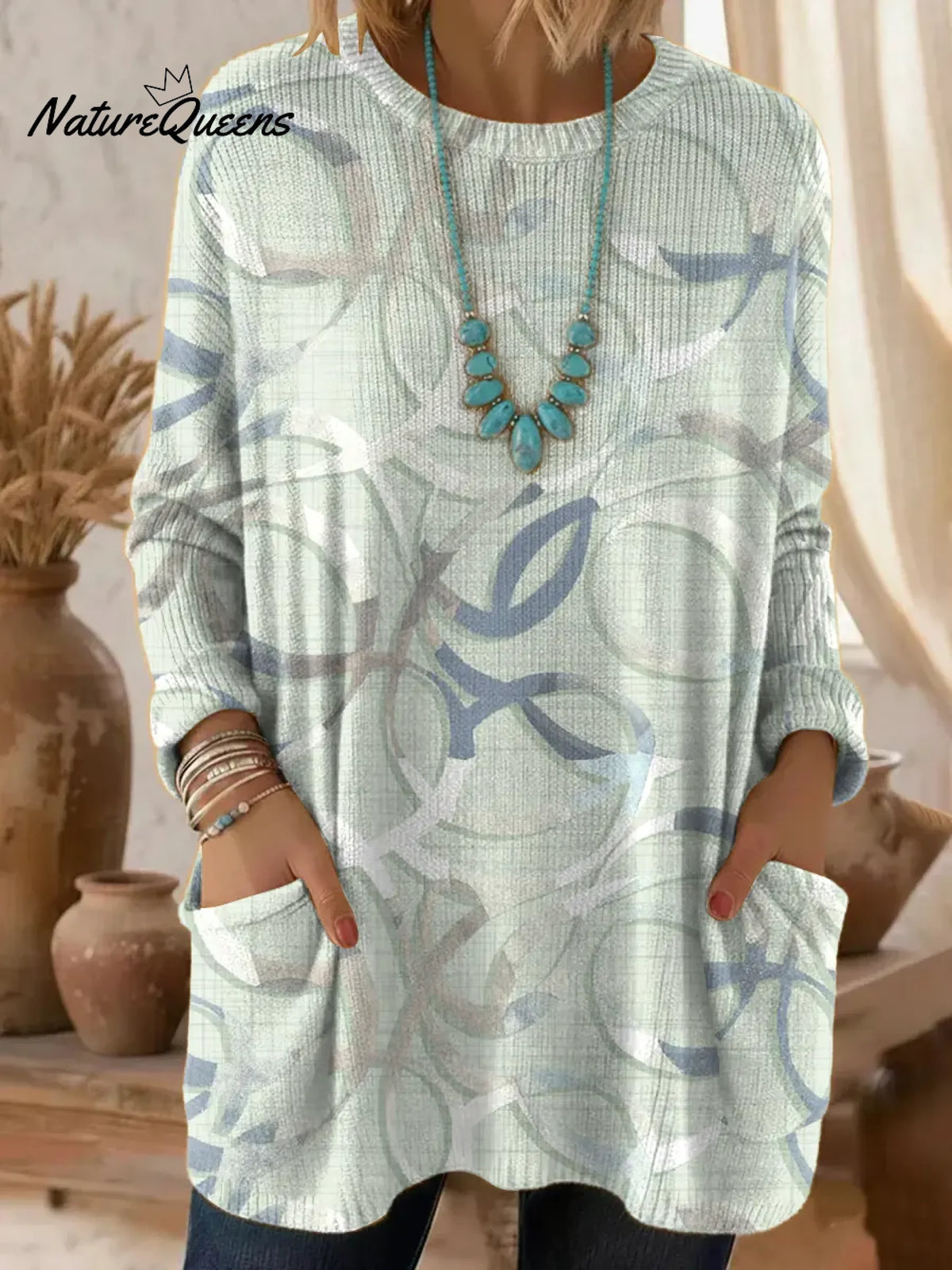 Women's Vintage Flower Pattern Art Print Casual Cotton Knitted Sweater