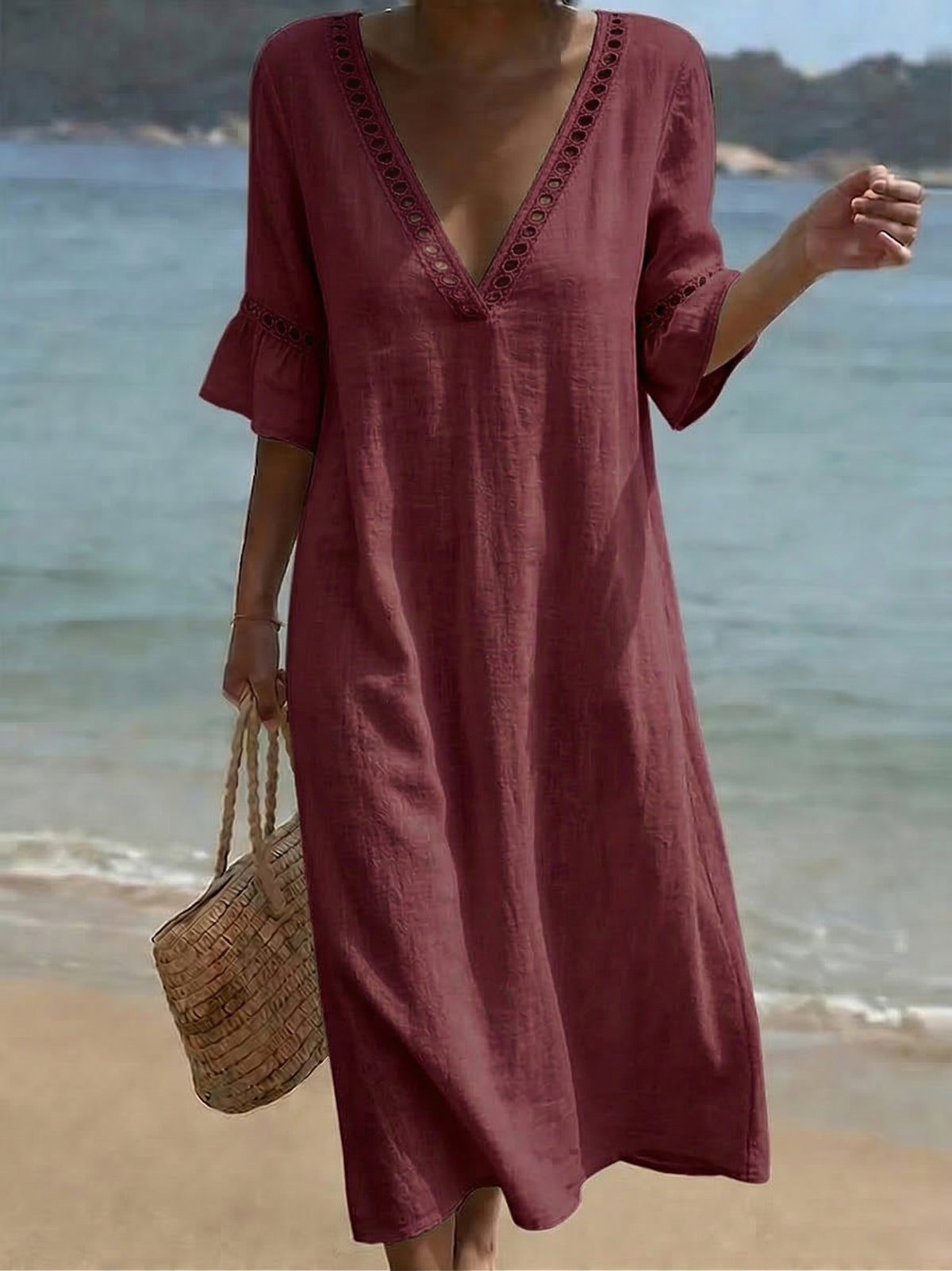 Cozy Cutout-panel V-neck Cotton-linen Dress