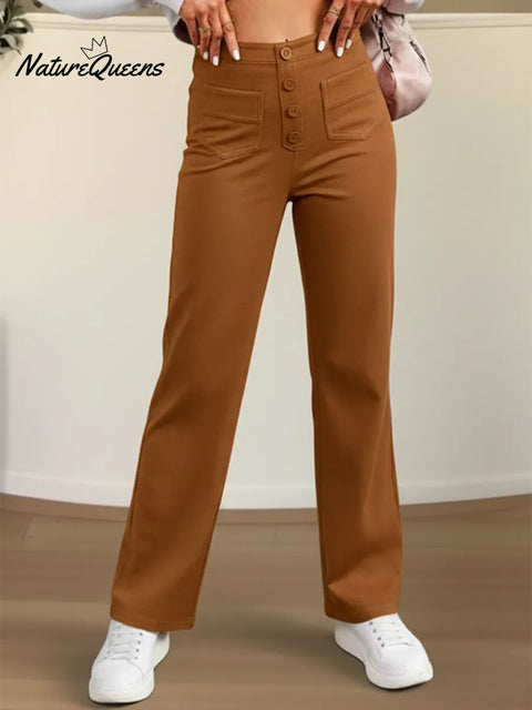Women's Casual High-waisted Button Elastic Straight Leg Pants