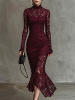 Women's Solid-color Stand-collar Long-sleeve Casual Slim-fit Lace Dress