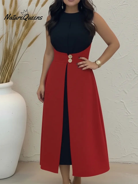 Elegant and fashionable fake two-piece color-blocked midi dress