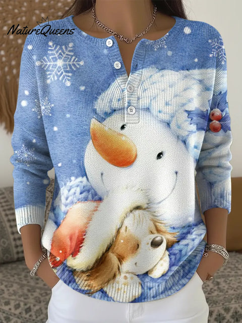 Women's Christmas Snowman Dog Casual Printed Sweater