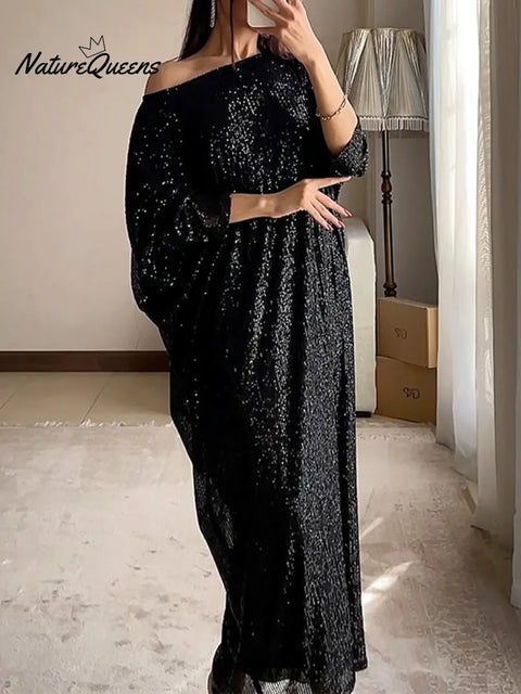 Women's Christmas Sparkling Horizontal Neck Loose Dress