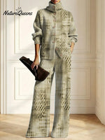 Women's Vintage Pattern Art Print Casual Cotton Knitted Suits