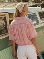 Women Pink Short Sleeve Blouse, Down Cropped Top With Adjustable Drawstring Hem