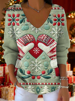 Women's Christmas Gloves Snow Art Pattern Art Print V-neck Solid Color Loose Shiny Sweater