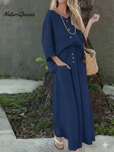 Women's V-neck Button-down Linen Cotton Top And Skirt Two-piece Set