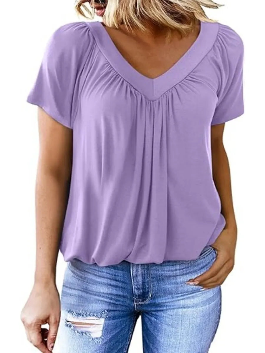 Women's Solid Color V-Neck Casual Cotton T-shirt