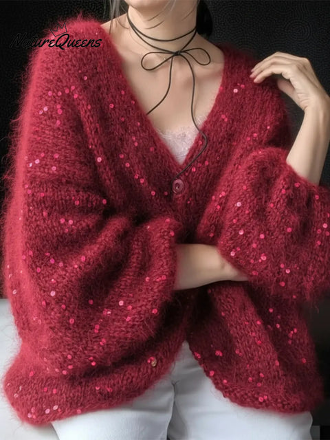 Dreamy V-neck Sequined Knit Cardigan Sweater