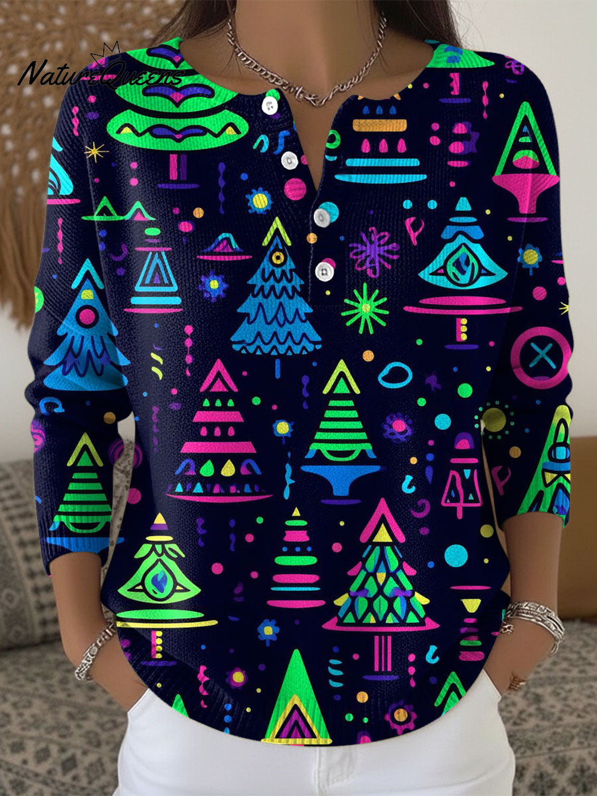 Women's Retro Christmas Tree Snowflake Art Pattern Art Print Buttoned Cardigan Sweater