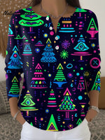 Women's Retro Christmas Tree Snowflake Art Pattern Art Print Buttoned Cardigan Sweater