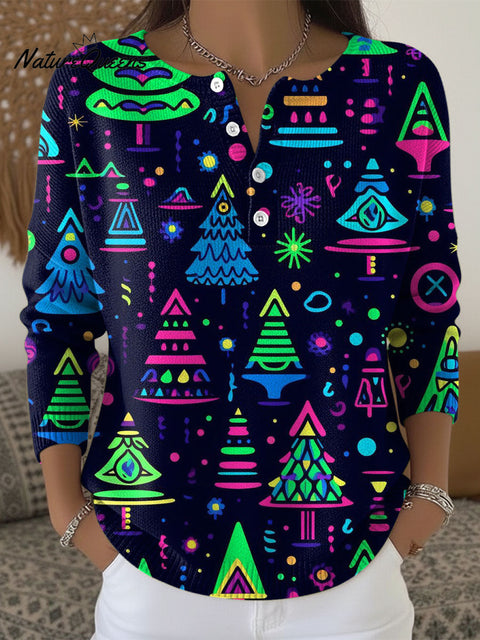 Women's Retro Christmas Tree Snowflake Art Pattern Art Print Buttoned Cardigan Sweater