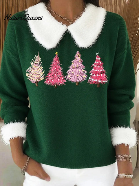 Christmas Tree Print Peter Pan Fur Collar Sweater Top