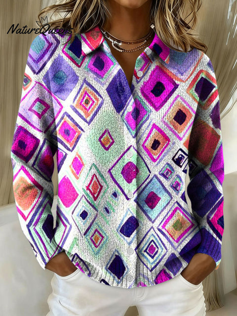 Women's Geometry Gradient Pattern Print Cowl Neck Sweater